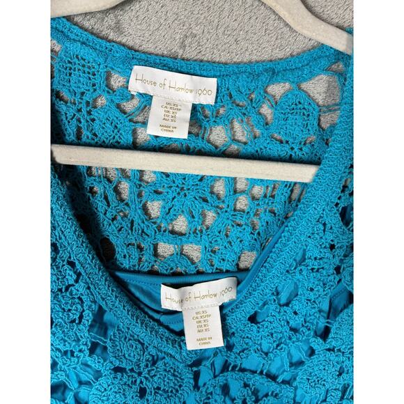 House of Harlow Blue Lace Open Knit Midi Bodycon Dress XS Lined Crochet Colorful - Picture 14 of 16